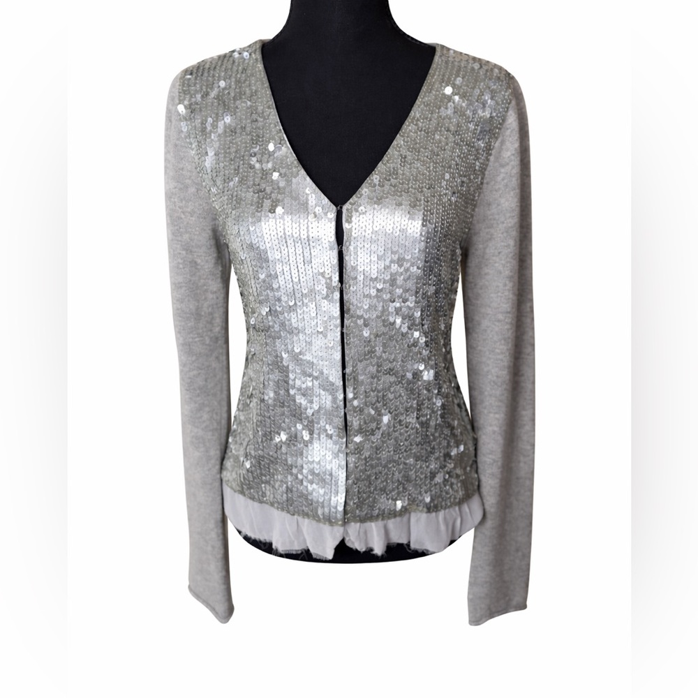 Silver Sequin Cashmere GrayCardigan Glam Fairycore Party‎ Holiday Sweater Medium